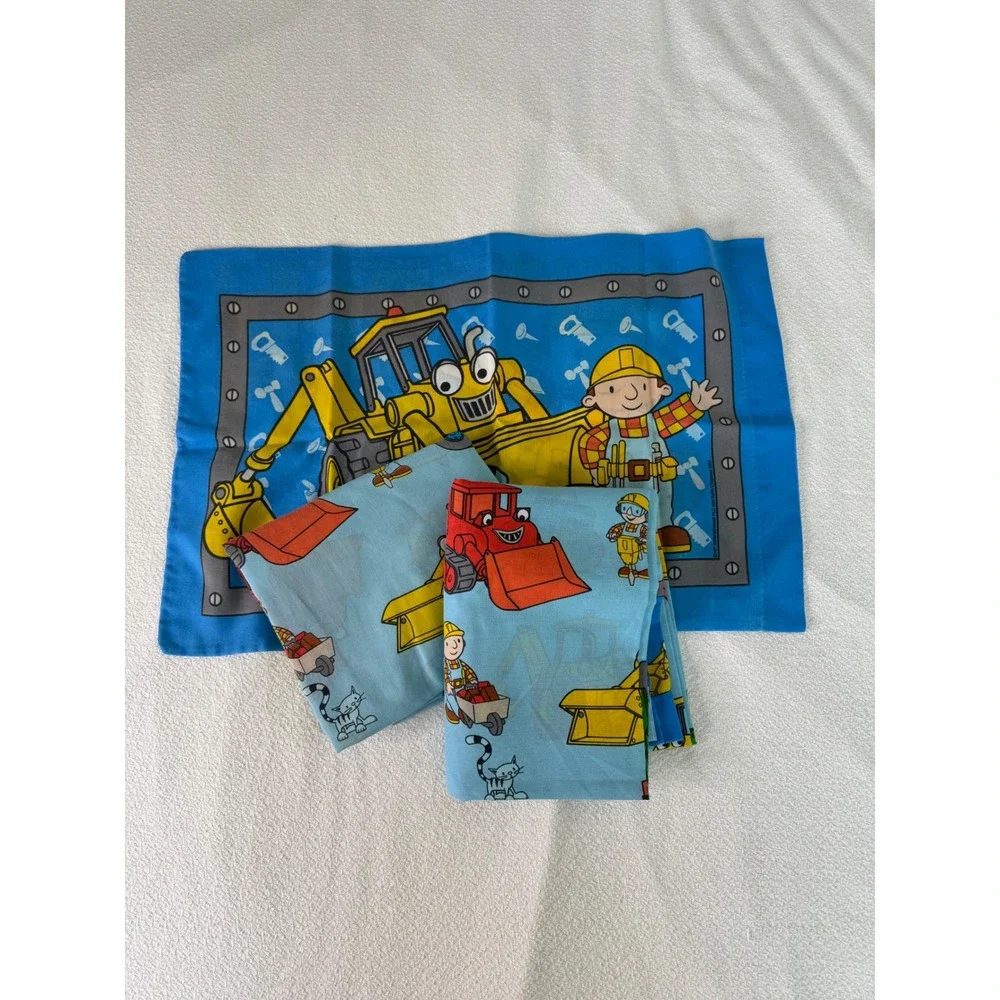 Vintage Bob the Builder Twin Size Sheet Set Blue Construction 2001 Cotton Poly